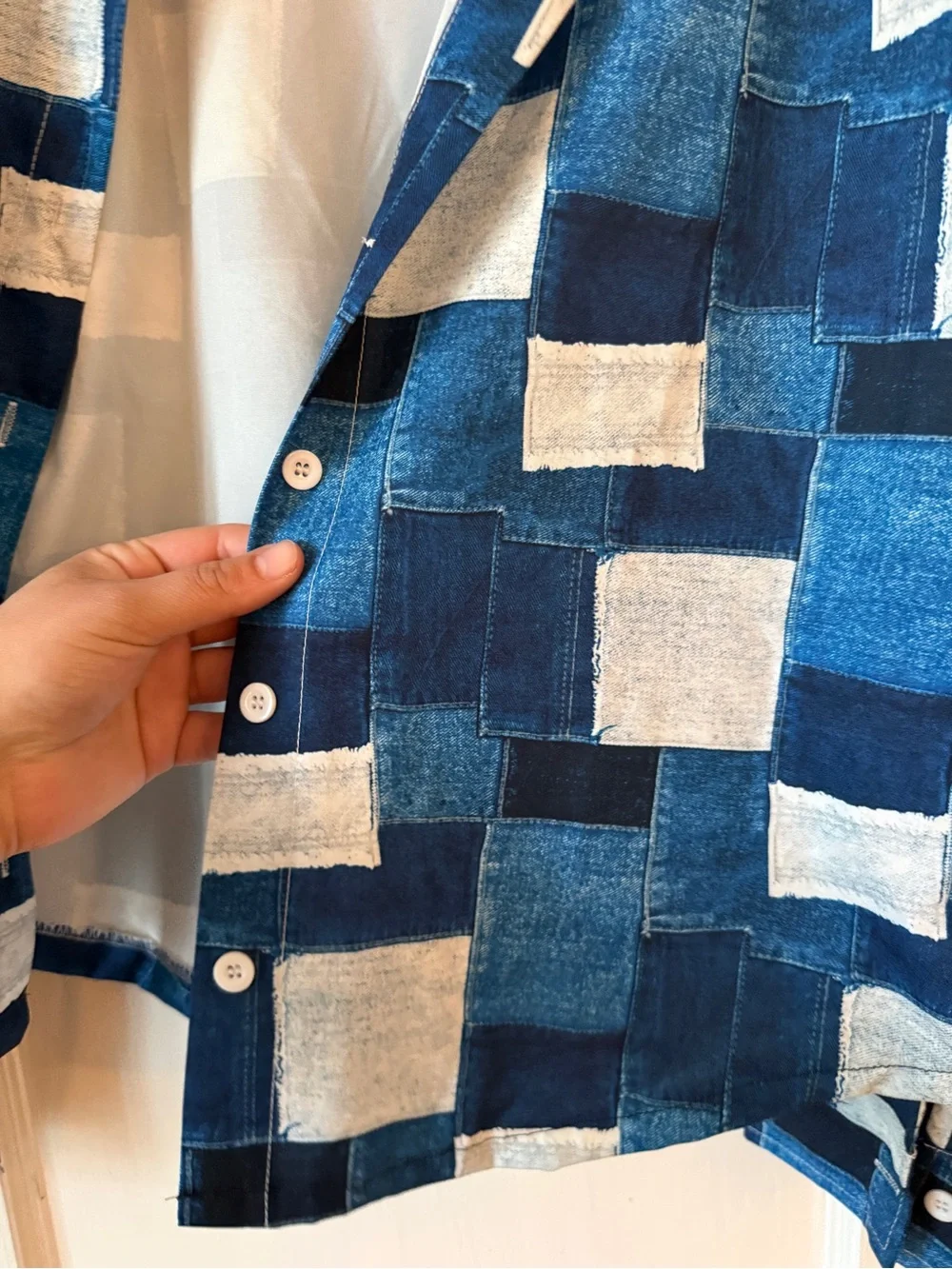 Blue and White Patchwork Button-Up Shirt - Picture 4 of 8
